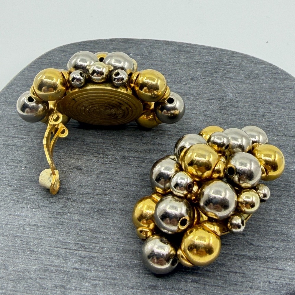 Gold & Silver Tone Bead Cluster Clip On Earrings Chunky Statement Jewelry Gift